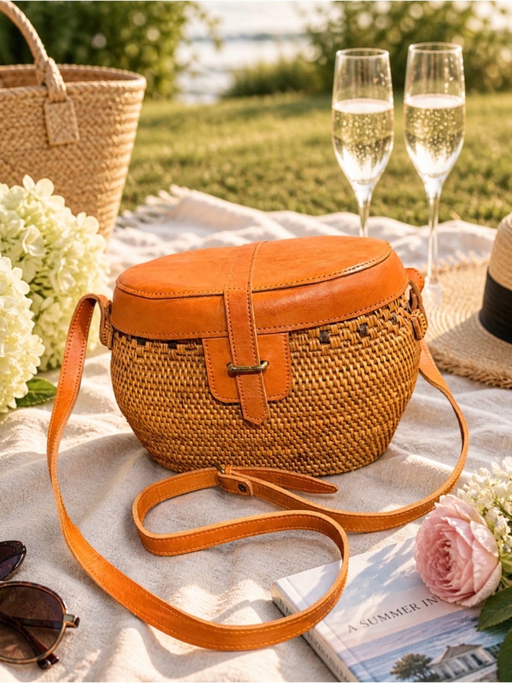 Pink Haley Woven rattan Crossbody with Leather Trim boho bag